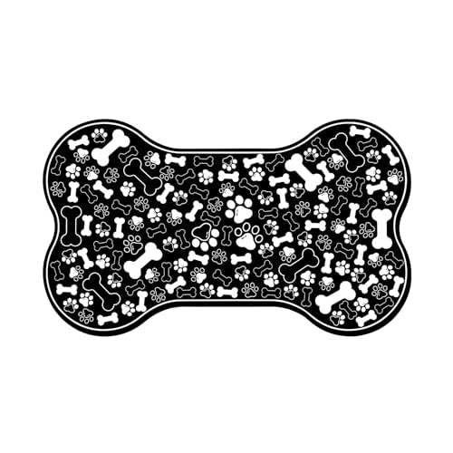 Dog & Cat Food Mat Bone Shaped Pet Feeding Mat Quick Absorb Water Bowl Placemat with Rubber Backing Indoor Floor Stain Resistant Pet Accessory Supplies (Black / 17"L x 17"W)