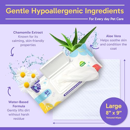 3-in-1 Pet Wipes | Hypoallergenic, Unscented & Biodegradable Grooming Wipes for Body, Paws & Butt | Thick, Durable, Daily Use Pet Cleaning Wipes (50 Count) (50 Count / Unscented)
