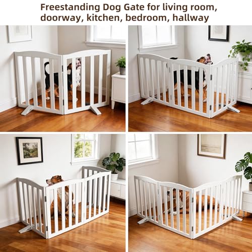 Foldable Freestanding Indoor Dog Gate for House Wood White Long Pet Gates Dog Fence for Stairs Puppy Gates for Hallways (White / 【2 Panels】40''w X 32''h)