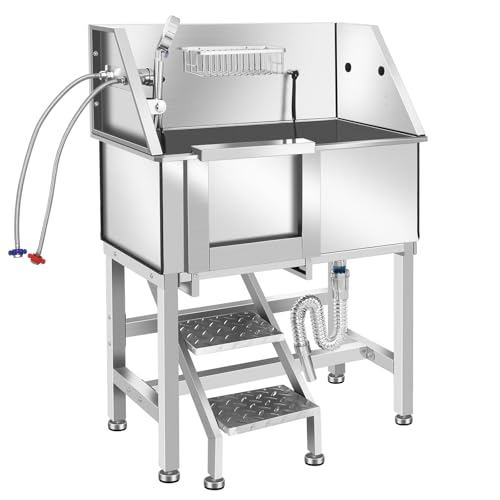 Dog Washing Station 34'' Stainless Steel Pet Grooming Tub for Large Dogs Over (34" L-RAMP)