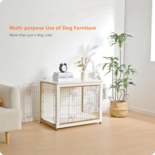 32.5" Dog Crate Furniture with Cushion (White+Gold / 32.5"L x 21.9"W x 25.6"H)