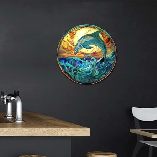 Metal Sign Tin Sign Circular Stained Glass Dolphin Funny Gardening Gift for Gift 8×8 Inches (8×8 Inches / Dolphin-1)