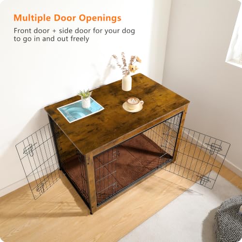 38.5" XL Dog Crate Furniture with Cushion (Rustic Brown / 38.5"L x 25.6"W x 26.8"H)