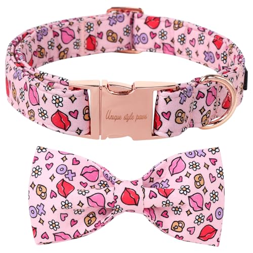 Valentine's Day Dog Collar with Bow Tie XO Red Lips Puppy Collar Best Gift for Small Medium Large Boys Girls (Small / red lips-bow)