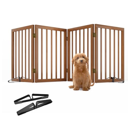 Freestanding Pet Gate Foldable 4 Panel Dog Gate Walnut Dog Gates for Stair Doorways House Indoor (Walnut / 4 Panel - 74 inches Wide)