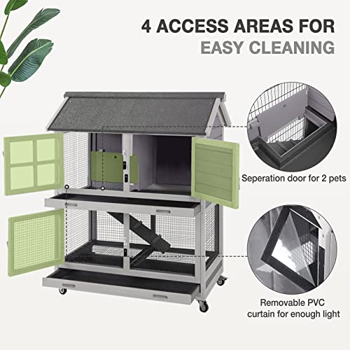Rabbit Hutch Hamster Cage Guinea Pig Cage Bunny Cage Removable Wire Mesh PVC Curtain 4 Metal Wheels 2 Pull