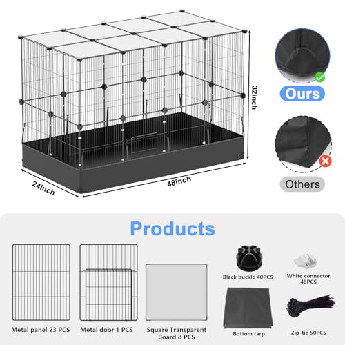 Guinea Pig Cage with Waterproof PVC Bottom Liner & One (24 Panels-with roof / Black)