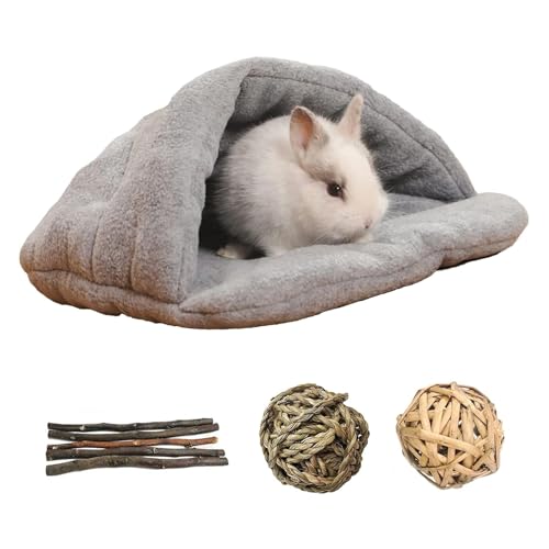 Rabbit Cave Sleeping Bed Guinea Pig Hideout Cozy House Pet Soft Warm Fleece Winter Slipper Cushion Small Animal Nest Cage for Ferrets Squirrel Hamster Chinchilla Rat Hedgehog Bunny (Light Gray)