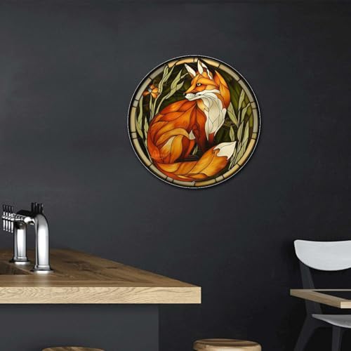 Metal Sign Tin Sign Circular Stained Glass Red Fox Wall Art for Bar 8×8 Inches (8×8 Inches / Red Fox-2)
