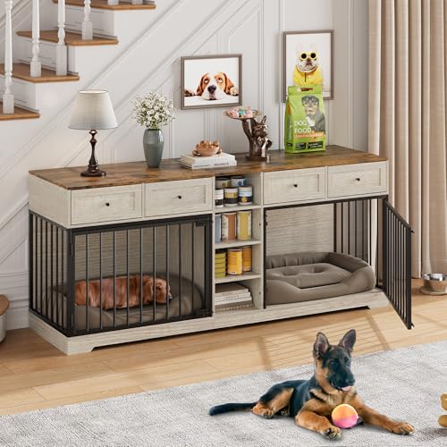 82" Double Dog Crate Furniture with Storage (Washed White / 81.9"L x 23.6"W x 33.5"H)