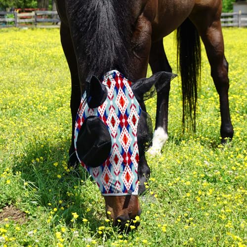 Super Comfort Stretchy Fitting Horse Fly Mask with UV Protection Soft on Skin with Breathability Tribal Abstract Full Size (Full(Large) / Tribal Abstract)