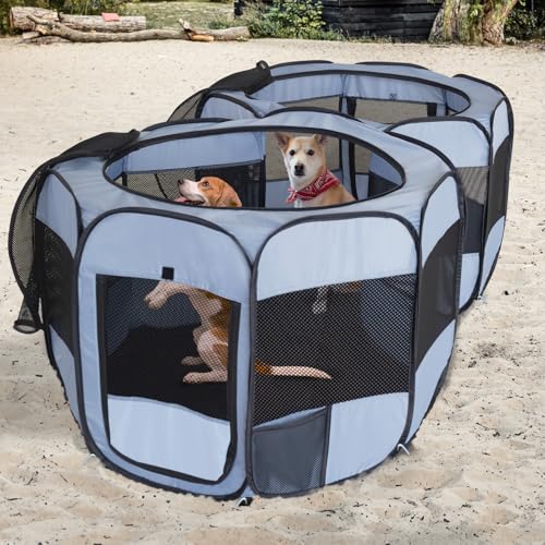 2-in-1 Pop Up Dog Playpen Cat Pet Puppy Playpen, Non-Detachable (Grey / 71"L x 34"W x 24.1"H)