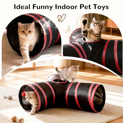 Cat Tunnel, 3-Way Collapsible Toy for Indoor Cats, Black & Red (Black & Red / Small)
