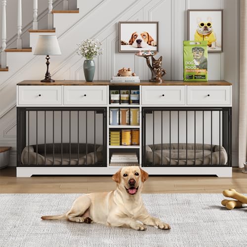 82" Double Dog Crate Furniture with Drawers and Shelves (White / 81.9"L x 23.6"W x 33.5"H)