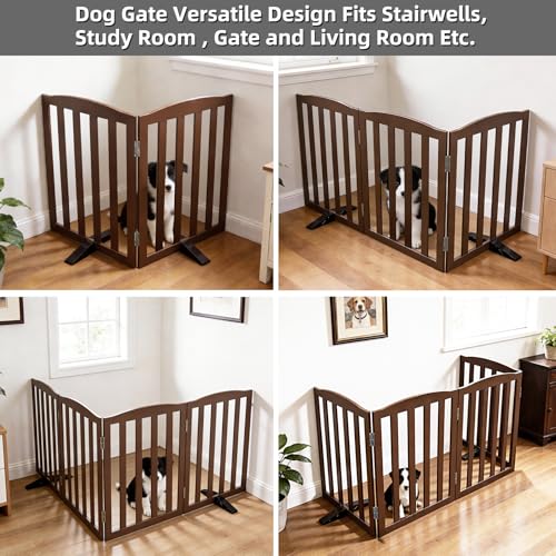 Foldable Freestanding Indoor Dog Gate for House Wood Long Pet Gates Dog Fence for Stairs Puppy Gates for Hallways (Brown / 【2 Panels】40''w X 32''h)