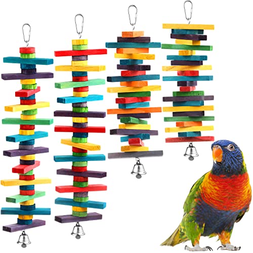 4 Pcs Bird Parrot Toys with Multicolored Natural Wood Blocks