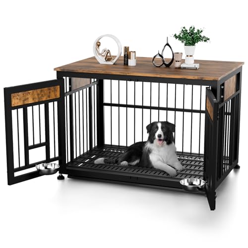 Large Dog Crate Furniture (Rustic Brown & Black / 42.9"L x 38.3"W x 30.0"H)