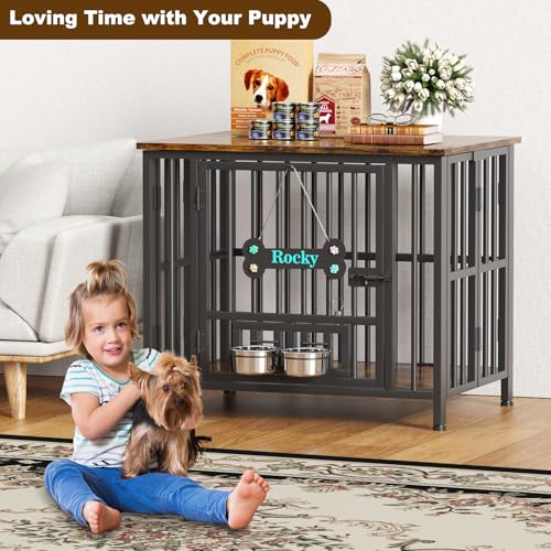 31" Dog Crate Furniture Foldable (Rustic Brown / 31.5"L x 23.6"W x 26.6"H)
