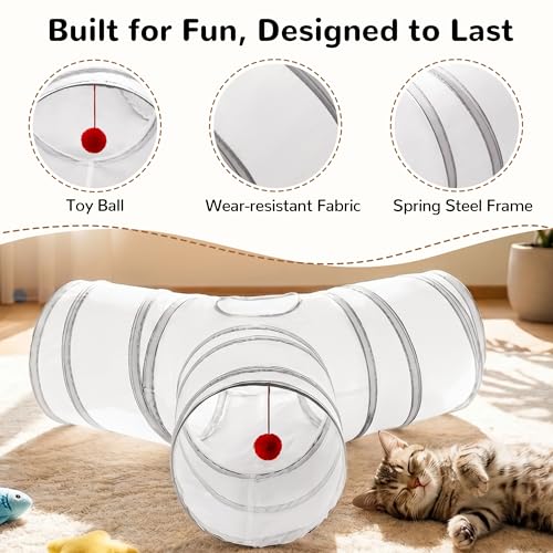 Cat Tunnel, 3-Way Collapsible Toy for Indoor Cats, White & Grey (White & Light Grey / Small)