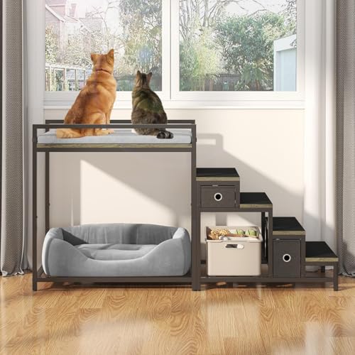 Pet Bunk Bed with Removable Stairs and 2 Drawers (Grey)