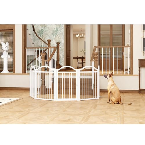 Metal No Assembly Freestanding Dog Gate with Door Walk Through (White C / 6 panels 144"W*32"H HYG)