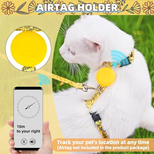 Adjustable Cat Harness and Leash Set Escape Proof Kitten Strap Collar for Walking Travel (Medium / Yellow(Floral))