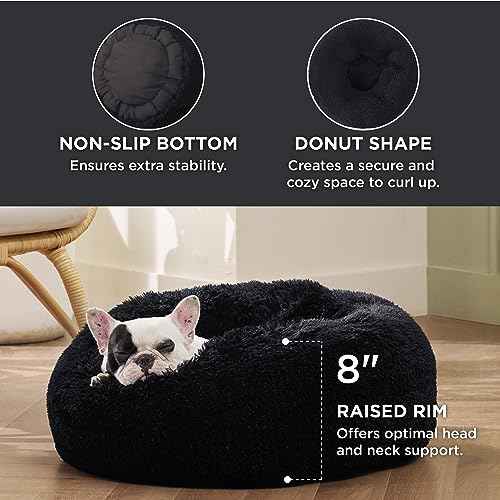 Calming Small Medium Dog Bed Donut Washable Puppy Bed (27"L x 27"W x 8"Th / Black)