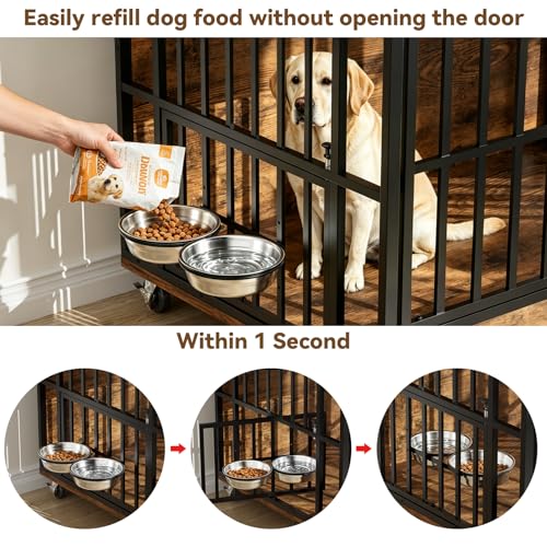 Heavy Duty Large Dog Crate Furniture with 360° Rotatable Bowls & Wheels (43.5"L x 27.2"W x 34.8"H)