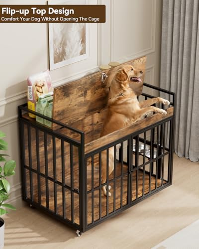 Heavy Duty Large Dog Crate Furniture with 360° Rotatable Bowls & Wheels (43.5"L x 27.2"W x 34.8"H)