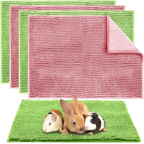 4 Pcs Guinea Pig Cage Liner (Green Pink / 16 x 24 Inch / Low Pile Chenille)