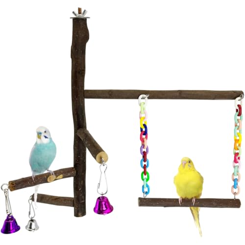 Natural Bird Perch with Swing Toy 2 in 1 Wooden Perch Stand Multiple Branches Parrot Perch Parakeet Climbing Chewing Toy Cage Accessories for Conures Cockatiels Lovebirds Budgies Finches