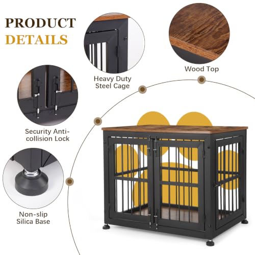 32 Inch Heavy Duty Dog Crate Furniture for Medium and Small Dogs (Black + Rustic Brown / 32.7"L x 23.2"W x 26.6"H)