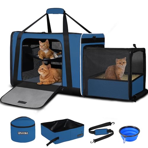 Side Expandable Large Cat Carrier with Litter Box (Prussian Blue)