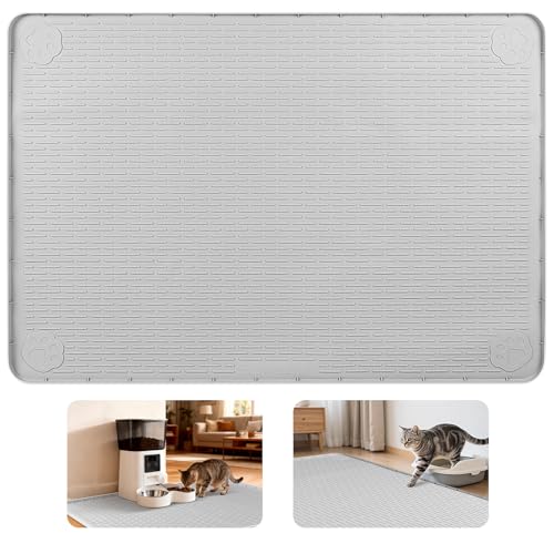 Cat Food Mat Extra Large Silicone Pet Bowl Mat 34''x22'' (Light Grey / 34"L x 22"W)