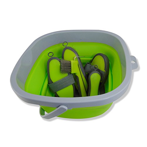 Collapsible Grooming Kit 10 Liter Bucket and 5 Grooming Tools (Lime Green)