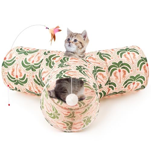 Cat Tunnel, 3-Way Collapsible Toy for Indoor Cats, Coconut (Khaki Coconut Tree / Small)