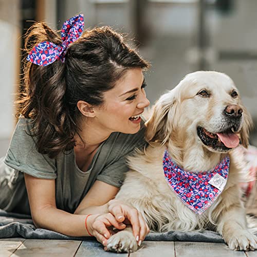 Pink Floral Dog Bandanas Girl Matching Scrunchie Medium Large (heart-pink navy / Large-set of 1)