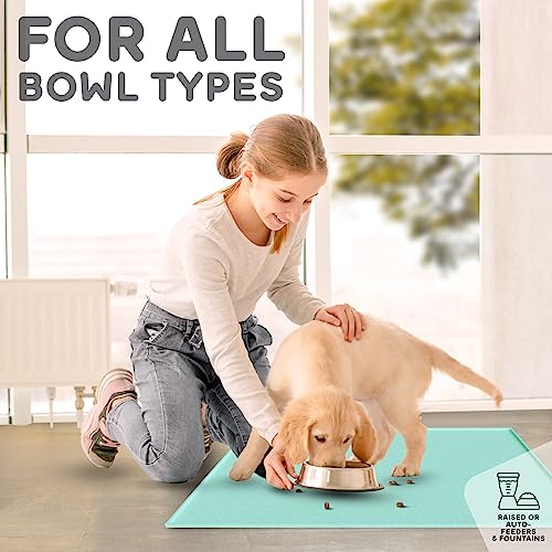 Dog Food Mat 28x18 Raised Edges Dogs Mat for Food and Water Prevent Spill (28" x 18" / Cyan)