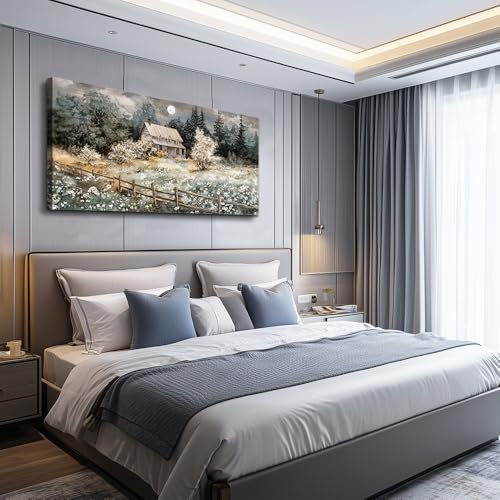 Nature Landscape Wall Paintings Wall Decor For Living Room Bedroom Decorations Rural Artwork Pictures Canvas Wall Art Large Framed for Office Farmhouse Aesthetic Home Decor Ready To Hang (48"L x 24"W / Rural landscape)