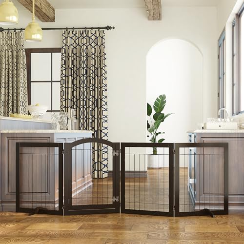 Freestanding Foldable Dog Gate Indoor with Door (Espresso / 【4 Panels with Door】96"W x 30"H)