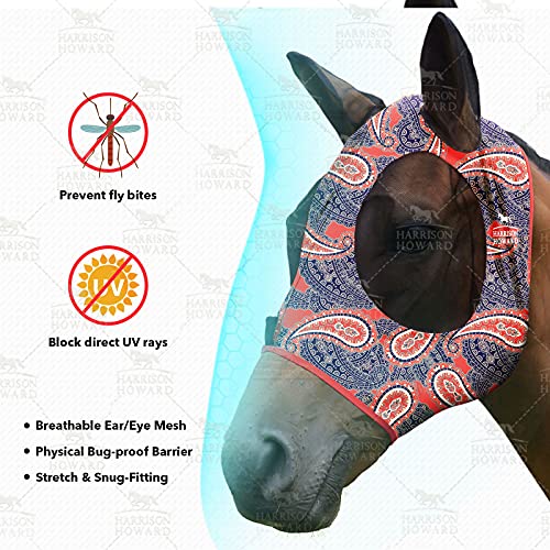 Super Comfort Stretchy Fly Mask Large Eye Space with UV Protection Soft on Skin with Breathability Orange Paisley M Cob (Cob (Medium) / Orange Paisley)