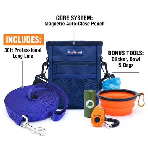 Dog Training Kit & Puppy Starter Set with 30ft Long Leash (Complete Recall System - Navy Blue)