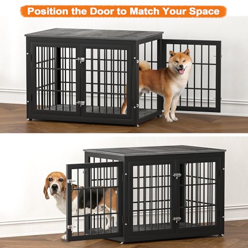 38" Heavy Duty Dog Crate Furniture for Large and Medium Dogs (Black + Gray / 38.3"L x 25.4"W x 27.7"H)