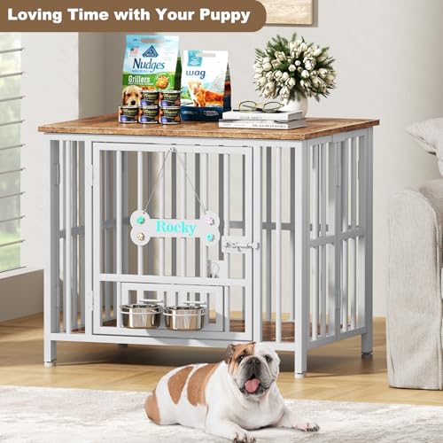 31" Dog Crate Furniture Foldable (White & Beech / 31.5"L x 23.6"W x 26.6"H)