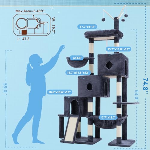 Cat Tree Tower with 3 Condos (74.8 inches / Smoky Gray)