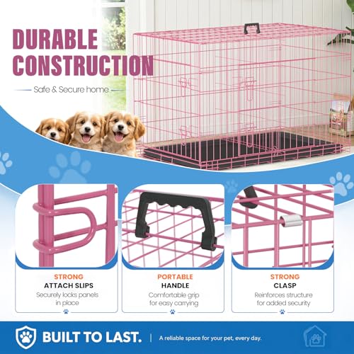 Dog Crate for Large Dogs 42 Inch Folding Kennel Metal Pet Cage Pink (Pink / 42.0"L x 26.0"W x 28.0"H)