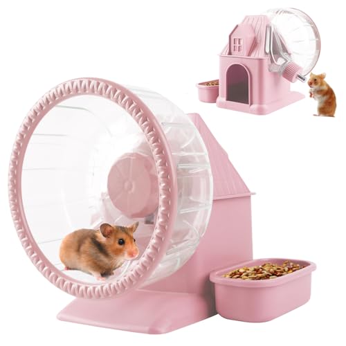 Silent Hamster Wheel Multifunctional Hamster Wheel Quite Running Spinner Wheel Accessories with Food Bowl Water Bottle for Hamsters Dwarf Gerbil (Pink)