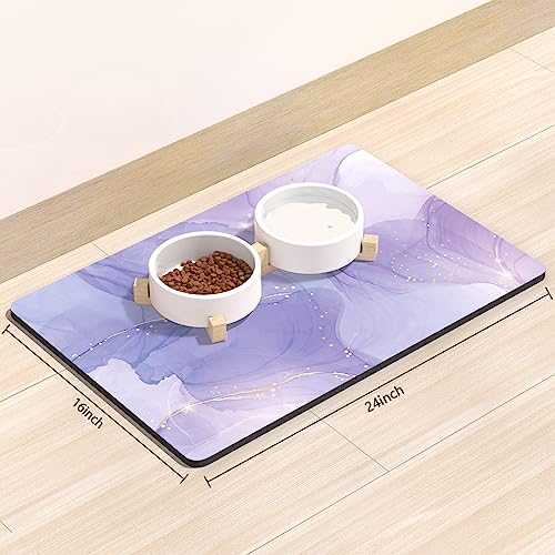 Dog Food Mat 16" x 24" Marble Absorbent Dog Cat Bowl Mat for Food and Water (Minimalism Purple Marble / 16"L x 24"W)