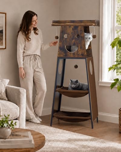 56in Modern Wood Cat Tree Tower for Indoor Cats with Hammock (Rustic Brown4 / 56 Inches)