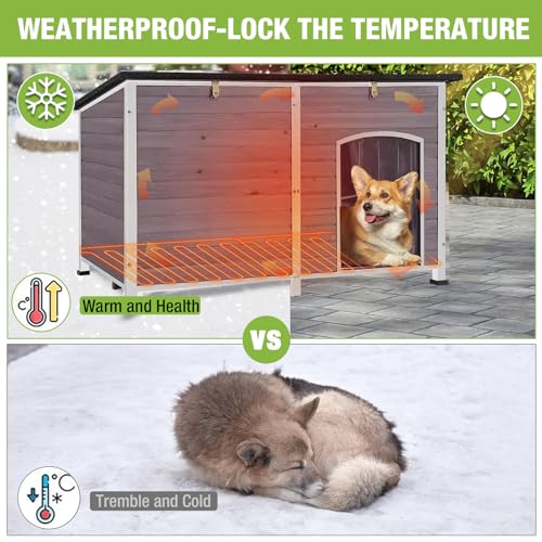 Heated Dog House Outdoor 59.1" Extra Large 100% Insulated Dog Kennel with Liner Keep Warm in Winter